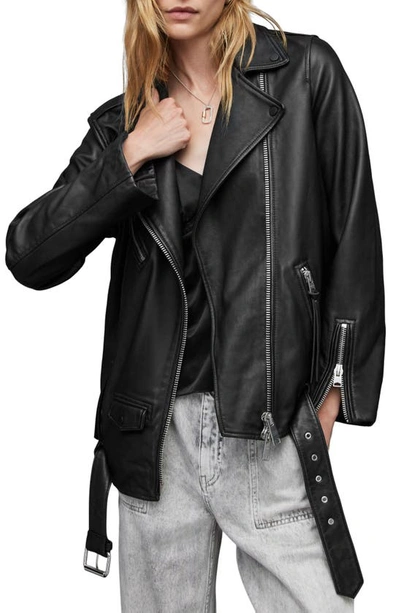 Shop Allsaints Billie Oversize Leather Biker Jacket In Black