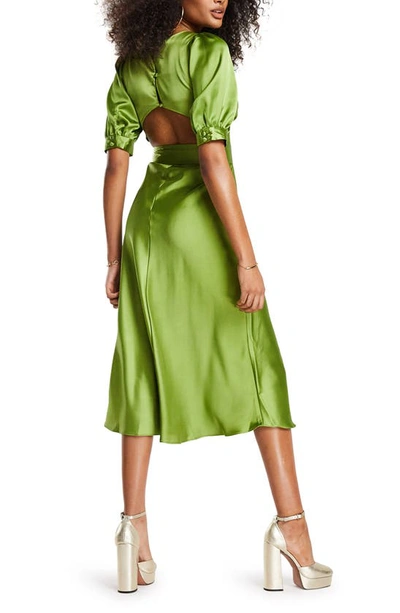 Shop Asos Design Belted Satin Midi Dress In Mid Green