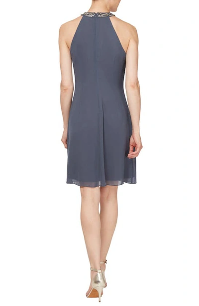 Slny Bead Braided Halter Chiffon Dress In Steel