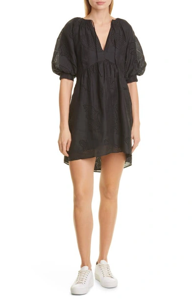 Shop Frame Puff Sleeve Eyelet Minidress In Noir