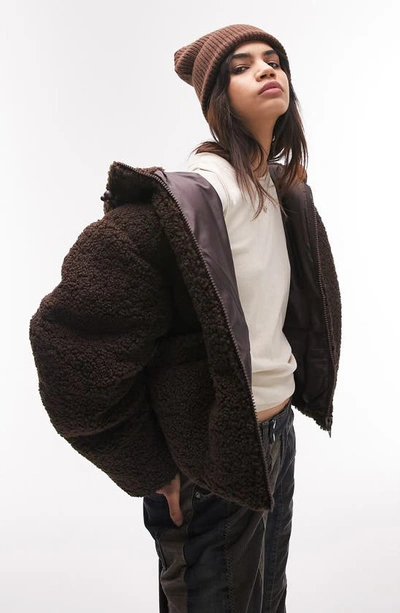 Topshop Hooded High Pile Fleece Jacket In Brown | ModeSens