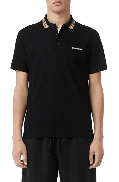 Shop Burberry Johnston Icon Stripe Collar  Slim Fit Piqué Polo In Black