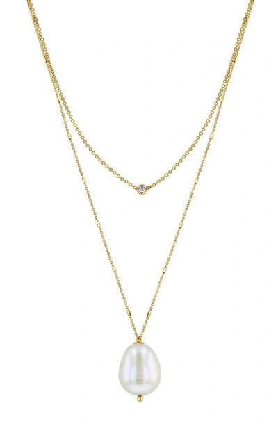 Shop Zoë Chicco Cultured Pearl & Diamond Double Chain Pendant Necklace In 14kyg