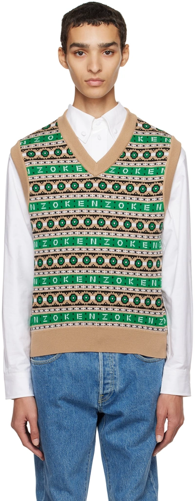 Shop Kenzo Beige & Green Graphic Vest In 57 - Grass Green