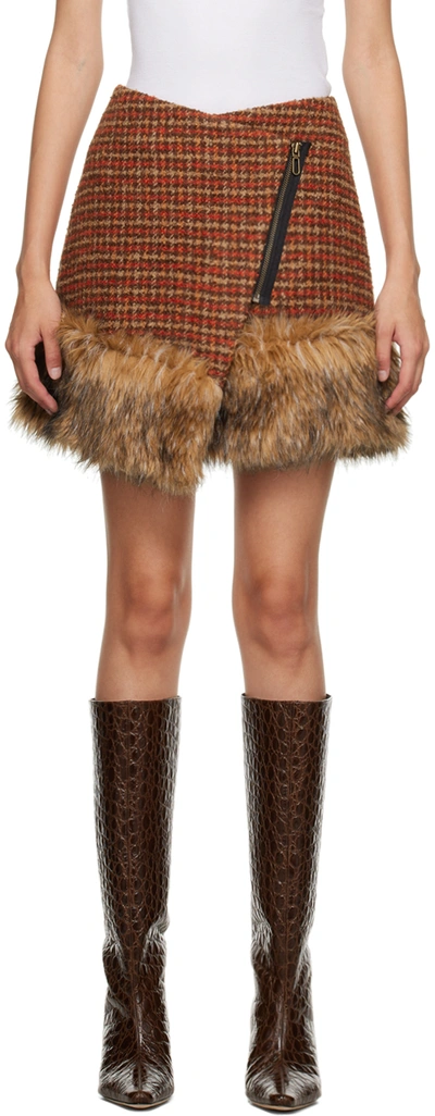 Shop Andersson Bell Orange & Brown Check Faux-fur Miniskirt In Orange/brown