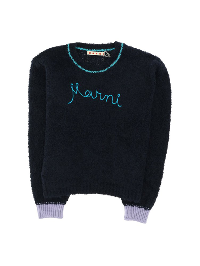 Shop Marni Kids Logo Embroidered Knit Jumper In Black