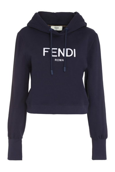 Shop Fendi Logo Embroidered Drawstring Cropped Hoodie In Blue