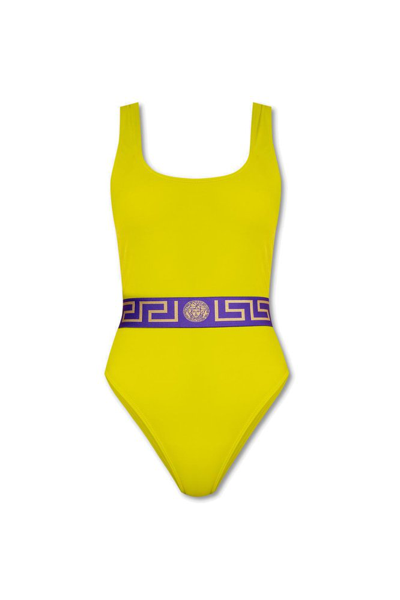 Shop Versace Greca Border Low Back Swimsuit In Yellow