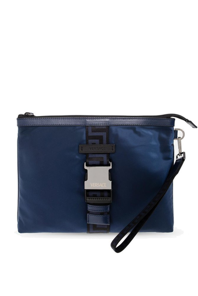 Shop Versace Logo Detailed Zipped Clutch Bag In Blue