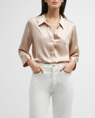 Shop L Agence Dani Silk Satin 3/4-sleeve Button-down Blouse In Walnut