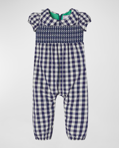 Shop Classic Prep Childrenswear Girl's Gingham-print Smocked Coverall In Midnight Gingham