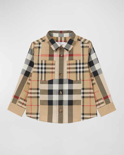 Shop Burberry Boy's Tristan Mixed Check-print Button Down Shirt In Archive Beige Ip