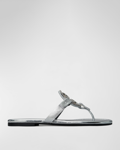 Shop Tory Burch Miller Pave Medallion Thong Sandals In Silver