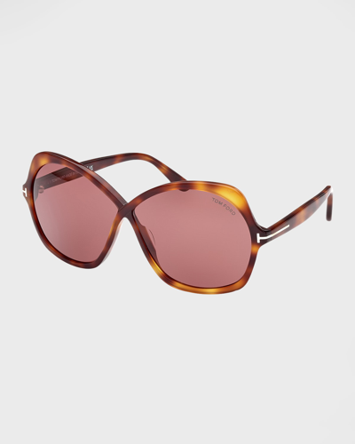 Shop Tom Ford Rosemin Acetate Butterfly Sunglasses In Shiny Dark Havana