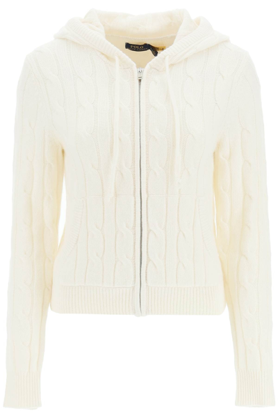 Shop Polo Ralph Lauren Full Zip Hooded Cardigan In Wool And Cashmere In White