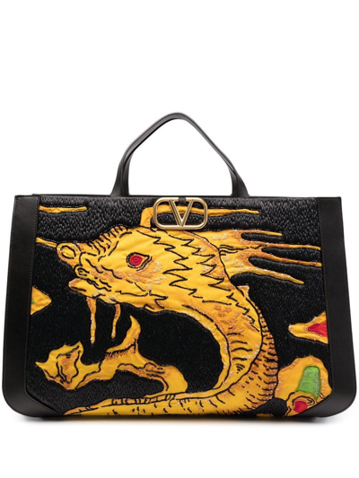 Shop Valentino Drago Re-edition Vlogo Embroidered Tote Bag In Black