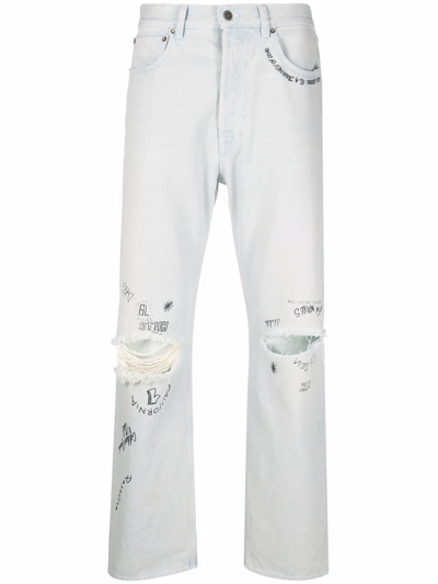 Shop Golden Goose Distressed-effect Text-print Straight-leg Jeans In Blue