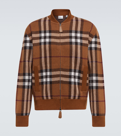 Shop Burberry Checked Cashmere Bomber Jacket In Dark Birch Brown