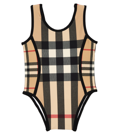 Shop Burberry Baby Vintage Check Swimsuit In Archive Beige Ip Chk