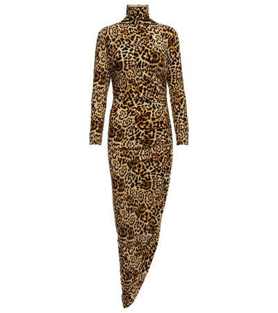 Shop Norma Kamali Leopard-print Turtleneck Draped Gown In Creamy Cat