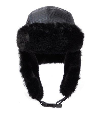 Shop Balmain Monogram Faux Fur-trimmed Hat In Noir