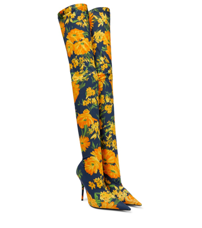Shop Balenciaga Knife Floral Over-the-knee Sock Boots In Yellow/navy