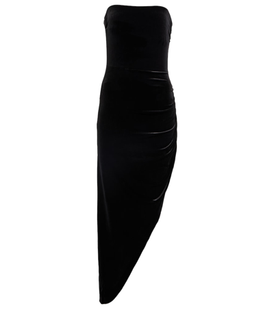 Norma Kamali Strapless Fitted Midi Dress With Asymmetric Hem In Black