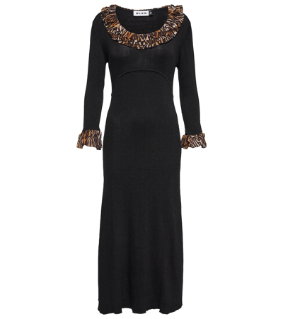 Shop Rixo London Mika Ruffled Ribbed-knit Midi Dress In Black Leopard Mix