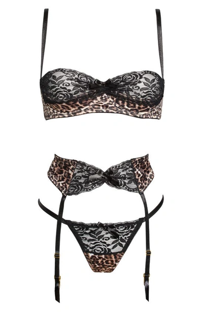 Shop Oh La La Cheri Jolene Leopard Print Underwire Bra, Thong & Garter Belt Set In Leopard/ Black