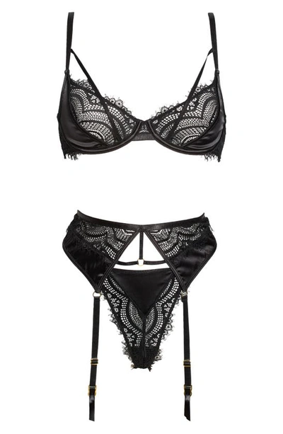 Oh La La Cheri Women's Anastasie 3 Piece Bra, Garterbelt And G-string Set In Black