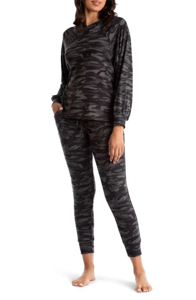Shop Midnight Bakery Juno Camo Hooded Top & Jogger Lounge Set In Charcoal