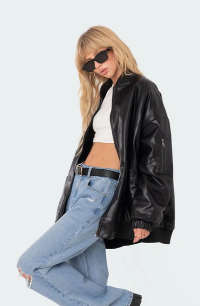 Shop Edikted Oversize Faux Leather Bomber Jacket In Black