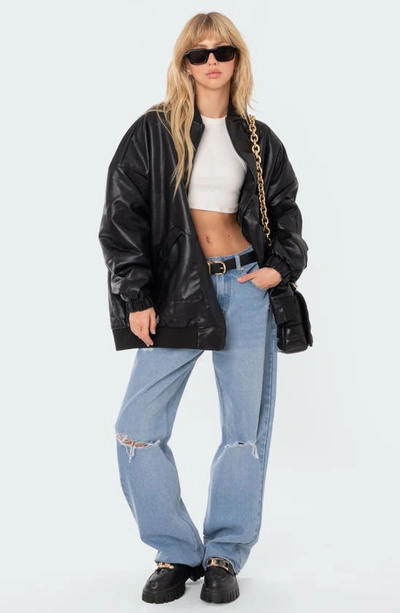 Shop Edikted Oversize Faux Leather Bomber Jacket In Black