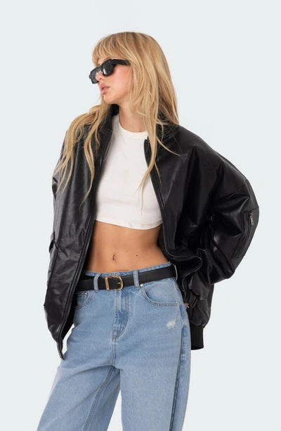 Shop Edikted Oversize Faux Leather Bomber Jacket In Black