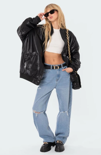 Shop Edikted Oversize Faux Leather Bomber Jacket In Black