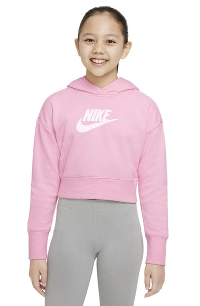 Shop Nike Kids' Club Crop Cotton Blend French Terry Hoodie In Medium Soft Pink/ White
