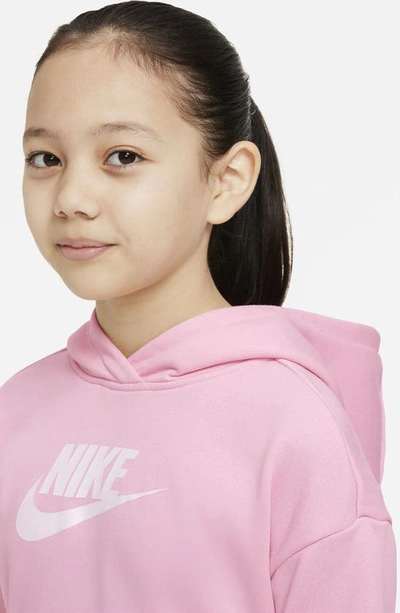 Shop Nike Kids' Club Crop Cotton Blend French Terry Hoodie In Medium Soft Pink/ White