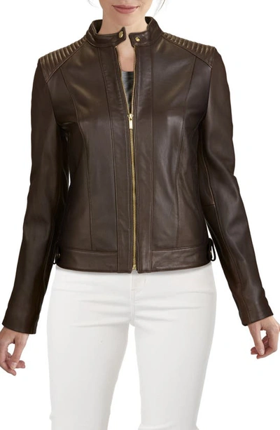 Shop Cole Haan Racer Leather Jacket In Dark Espresso