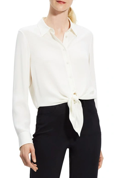 Theory Long Sleeve Button-up Tie Silk Blouse In White |