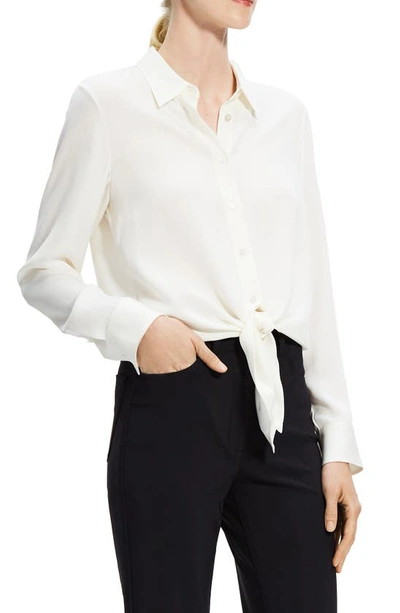 Theory Long Sleeve Button-up Tie Waist Silk Blouse In Ivory - C05