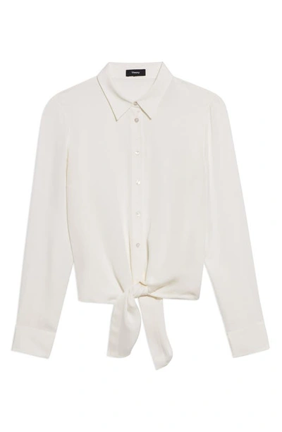 Theory Long Sleeve Button-up Tie Waist Silk Blouse In Ivory - C05