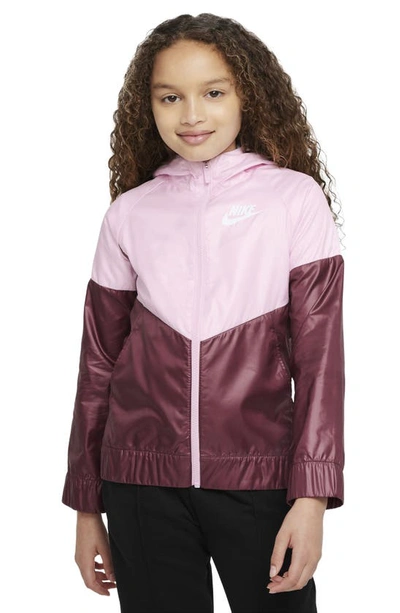 Shop Nike Sportswear Kids' Windrunner Water Repellent Hooded Jacket In Pink Foam/ Beetroot/ White