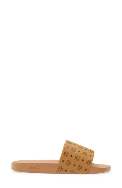 Mcm Logo-print Single-strap Slides In Cognac