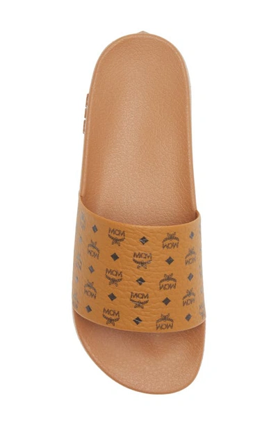 Mcm Logo-print Single-strap Slides In Cognac