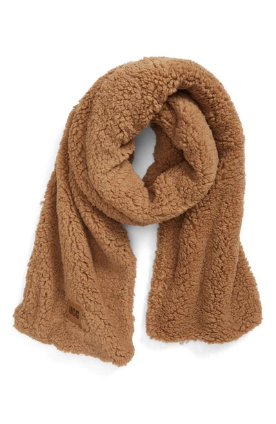 Shop Ugg Oversize Faux Shearling Scarf In Caramel