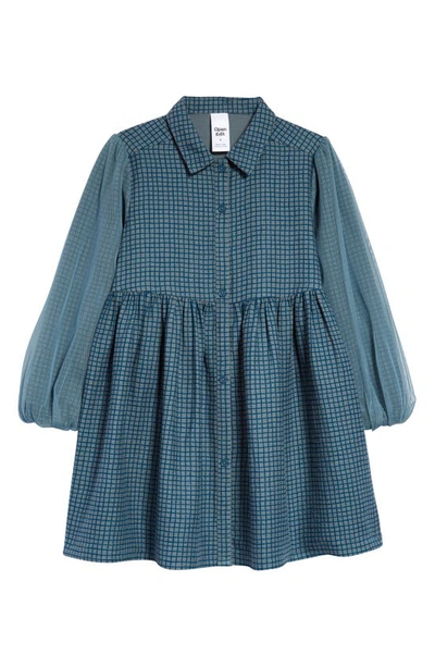 Shop Open Edit Kids' Print Long Sleeve Dress In Grey Trooper Tiny Grid