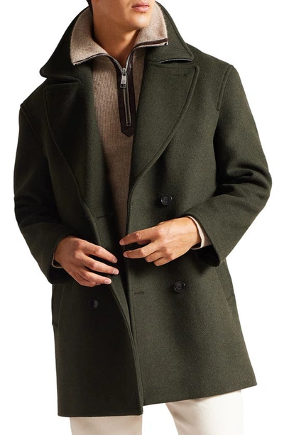 Shop Ted Baker Kilocot Faux Leather Trim Wool Blend Peacoat In Khaki