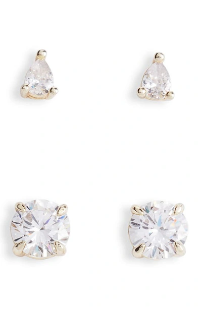 Shop Melinda Maria I Got A Raise Set Of 2 Stud Earrings In Gold/white Diamondettes