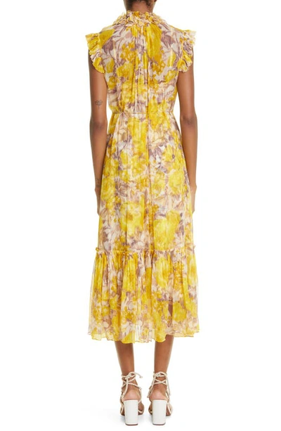 Shop Zimmermann High Tide Flutter Sleeve Silk & Linen Midi Dress In Yellow Ikat Floral