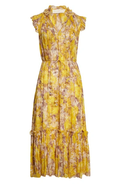 Shop Zimmermann High Tide Flutter Sleeve Silk & Linen Midi Dress In Yellow Ikat Floral